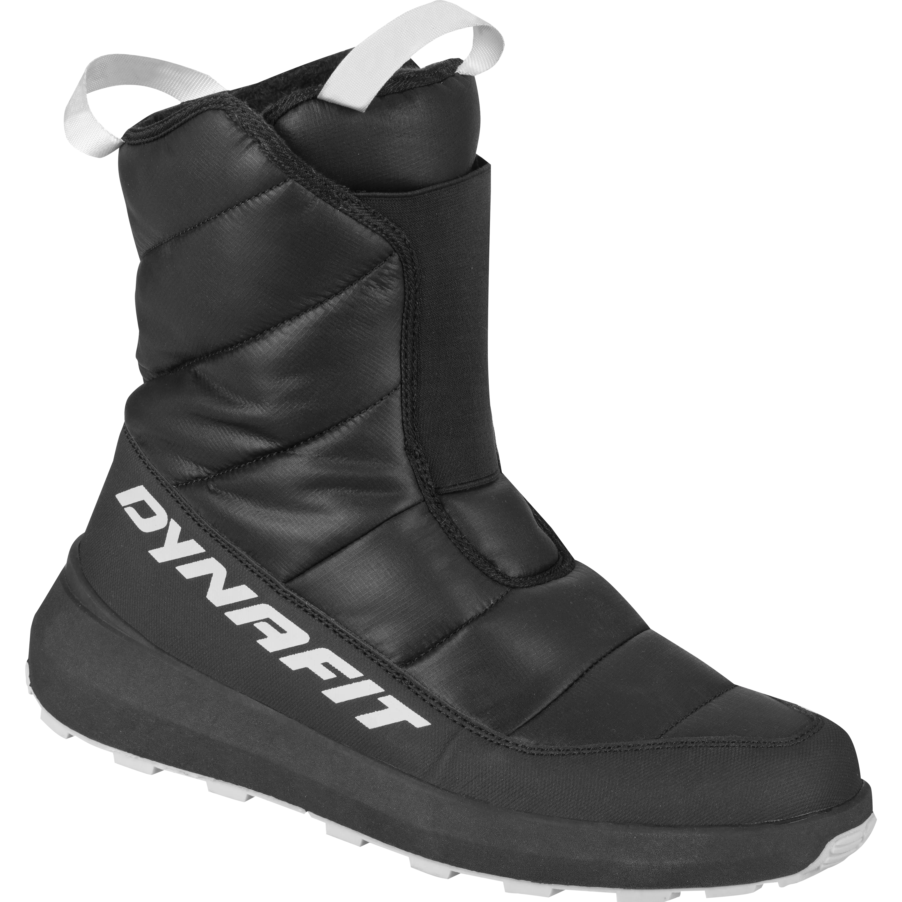 Black Dynafit winter shoe with white logo and pull loop, quilted upper and profiled sole.