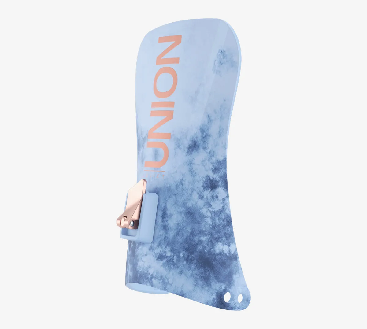 A snowboard binding, light blue with an abstract pattern, bears the lettering "UNION" in copper color. A golden buckle fastener is visible.