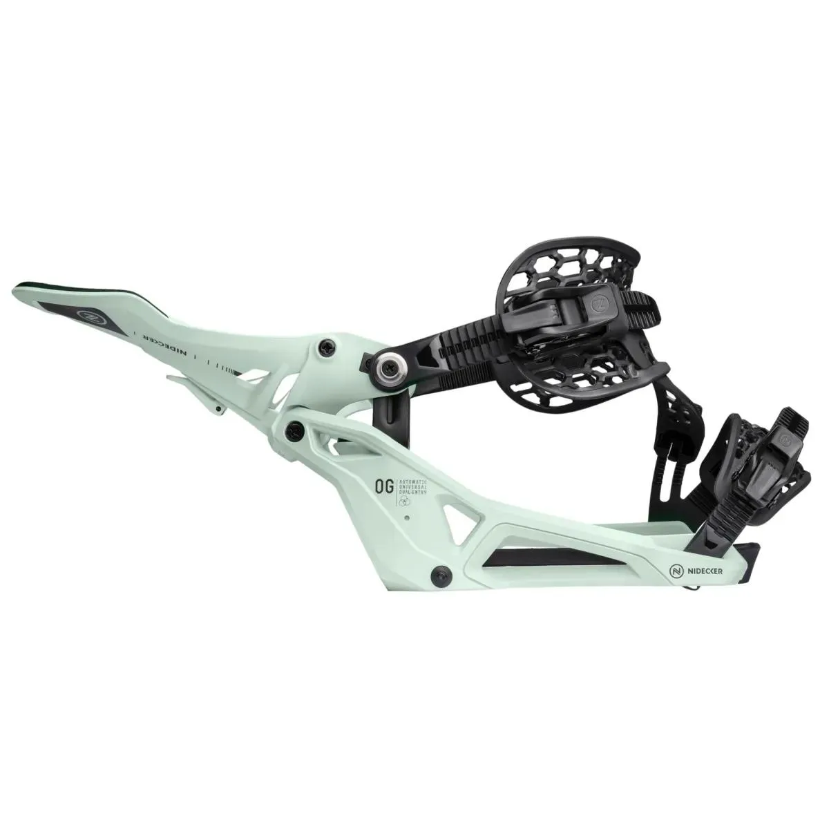 A snowboard binding, taken from the side, in mint green and black with details such as straps and logos visible.
