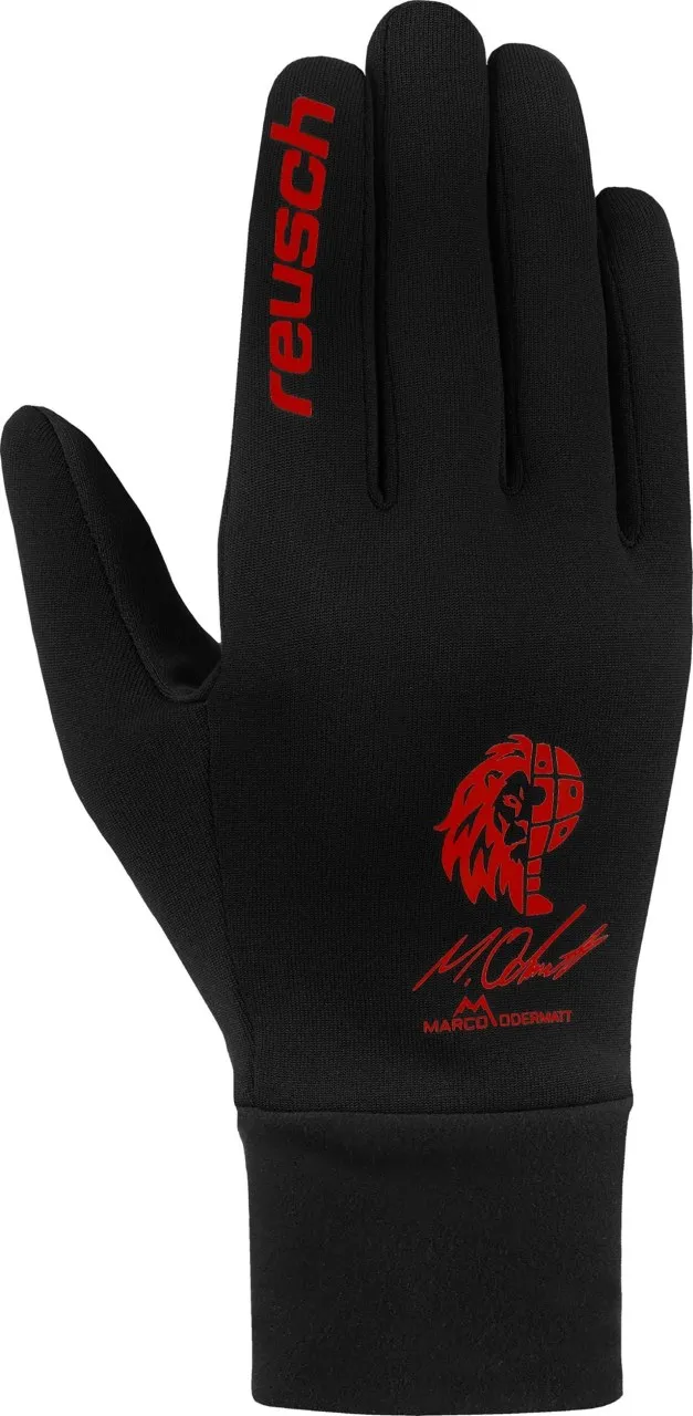 Black Reusch fleece glove with red logo, lion's head, signature and "Marco Odermatt" lettering.