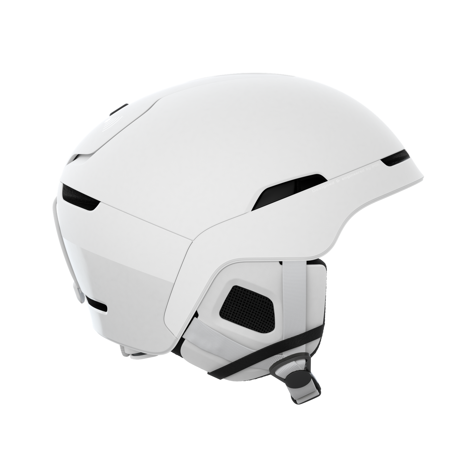 Weißer Skihelm POC Obex BC MIPS mit Kinnriemen und Belüftungsöffnungen in Seitenansicht.