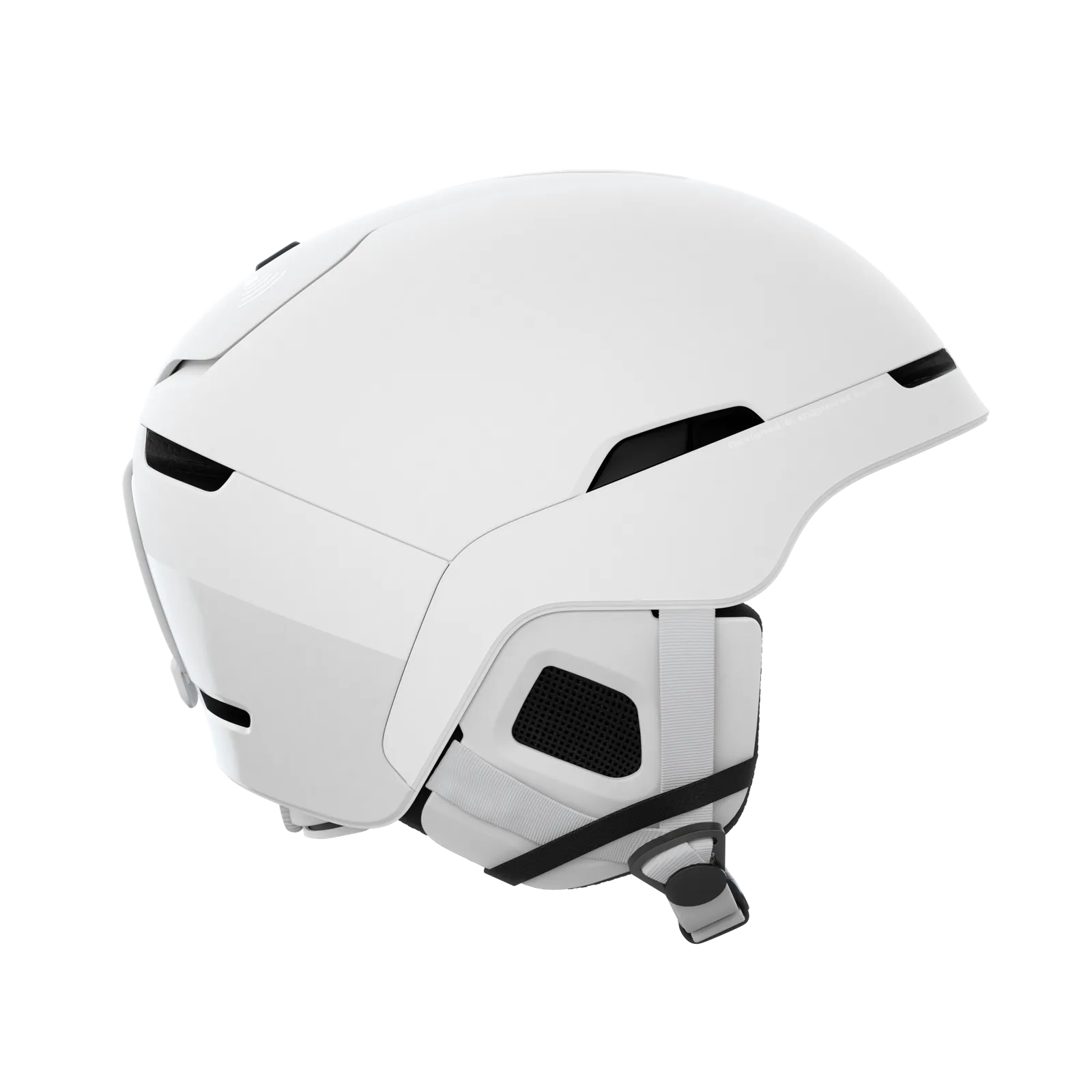 Casque de ski blanc POC Obex BC MIPS avec jugulaire et ouvertures d'aération en vue latérale.