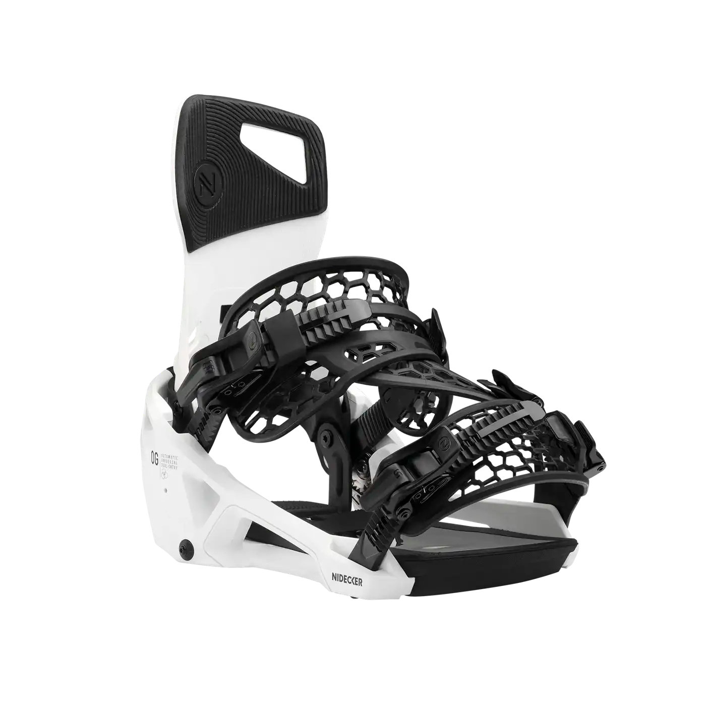 Fixation de snowboard de Nidecker en blanc et noir, avec des sangles et un haut back, vue de côté.