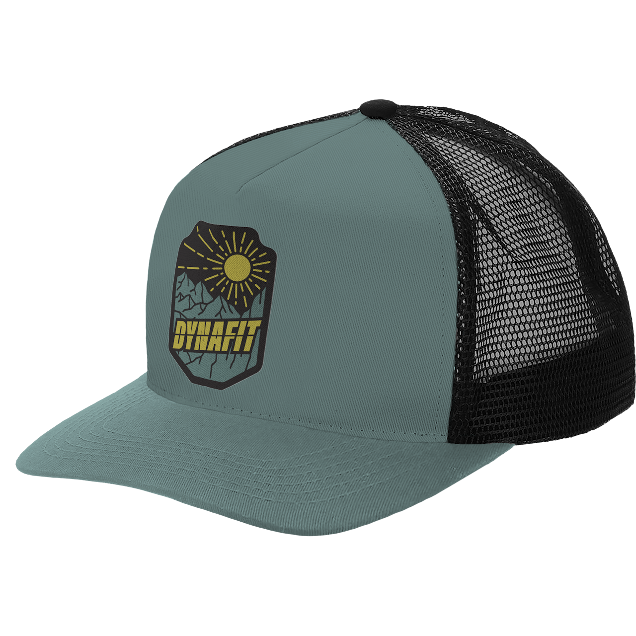 Casquette Trucker gris clair Casquette Trucker gris clair avec filet noir et Dynafit patch avec montagnes et soleil.
