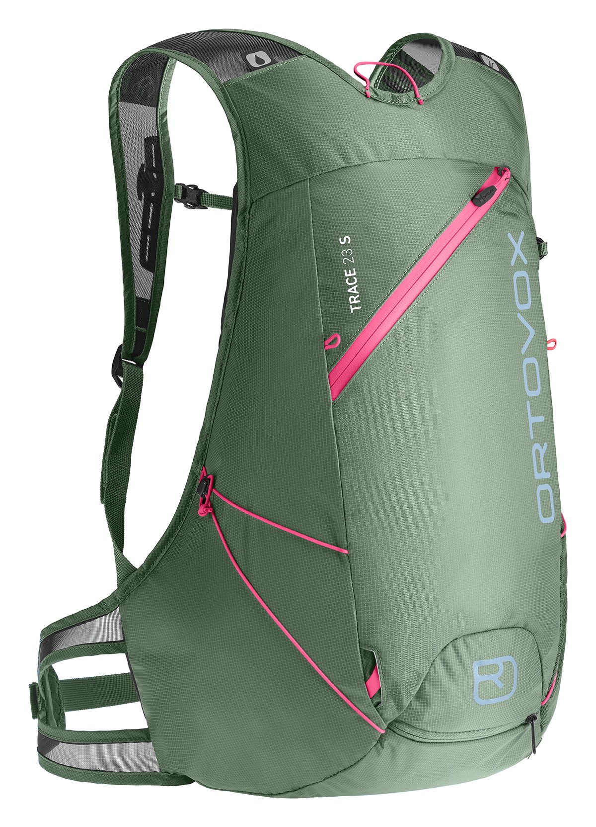 Sac à dos vert Ortovox Trace 23 S pour la randonnée à ski, détails roses, sur le côté.
