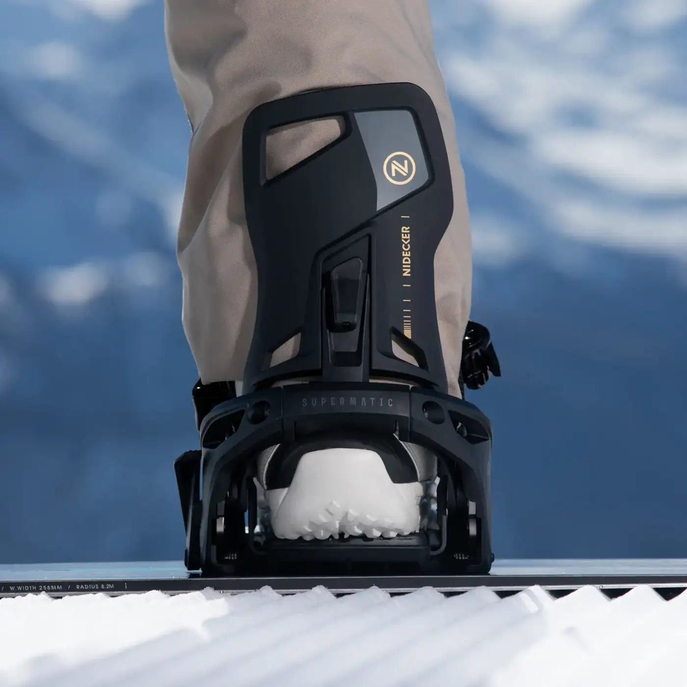 Gros plan sur une fixation de snowboard avec une chaussure à l'intérieur, montée sur un snowboard dans la neige. On distingue des montagnes à l'arrière-plan.