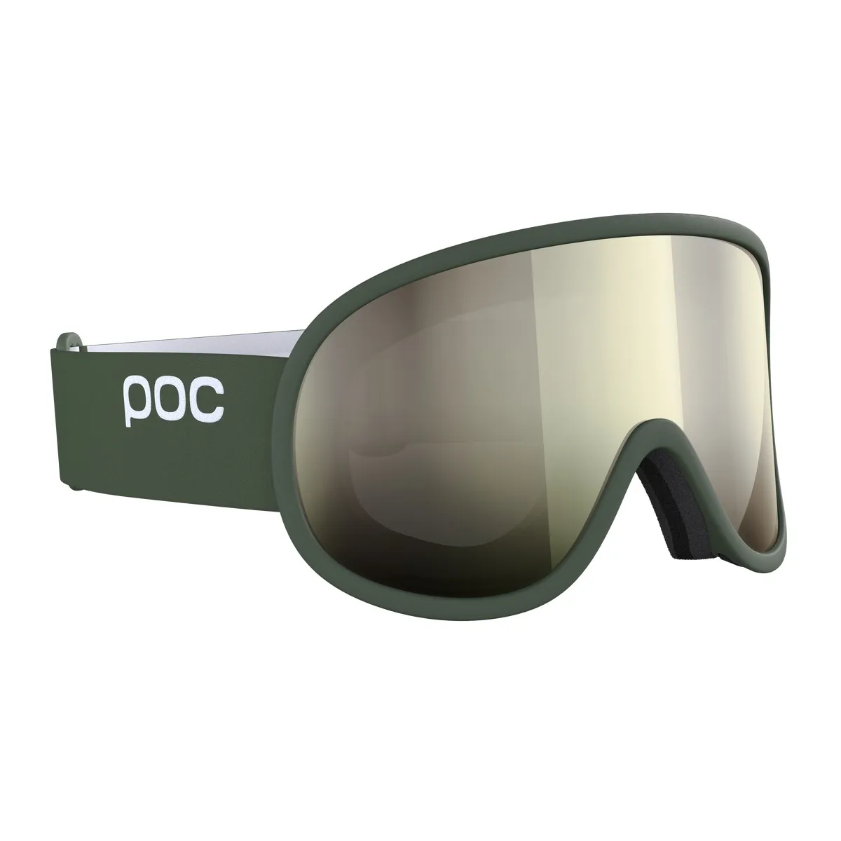 Top view of POC Retina WF ski goggles with green frame and mirrored lens.