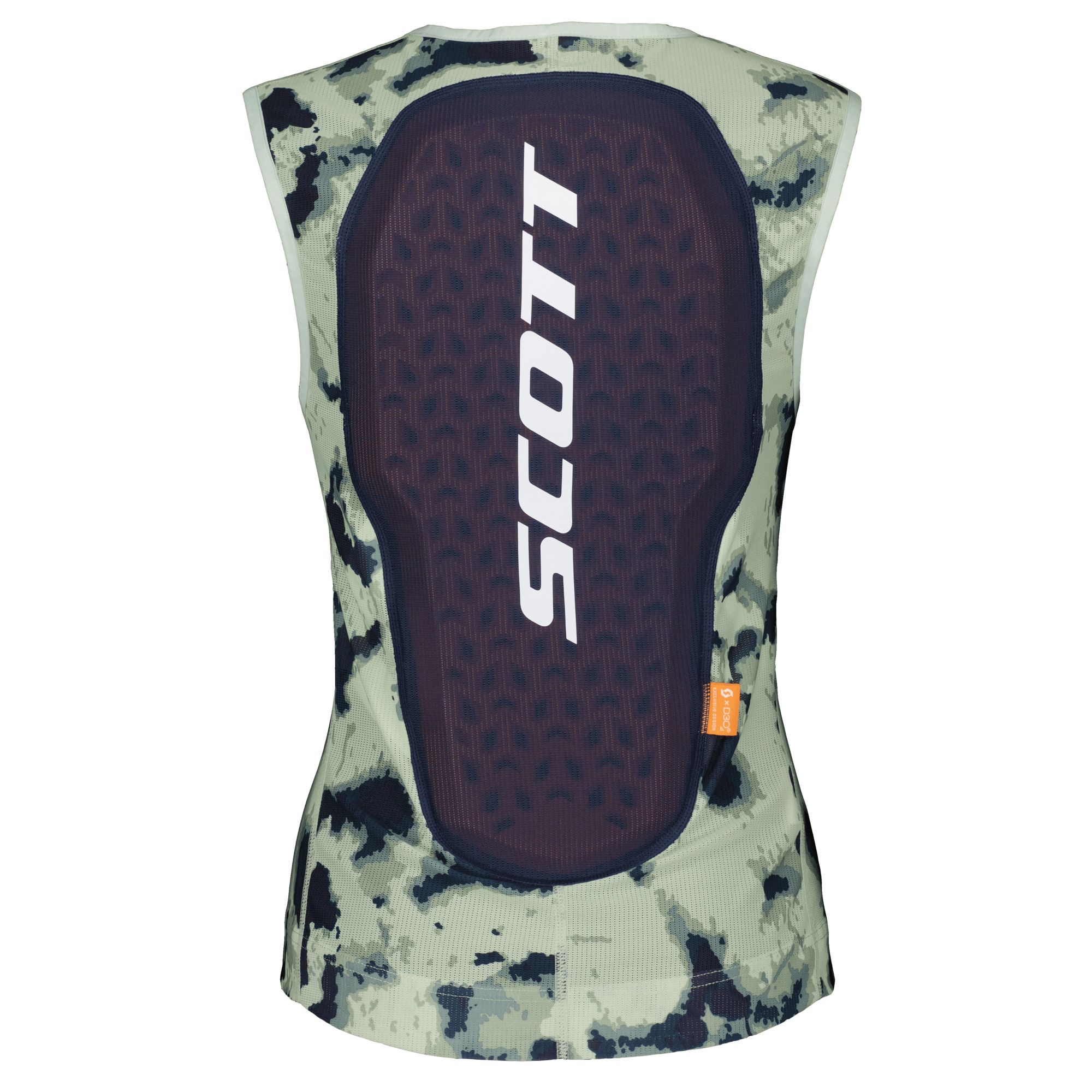 Grüne Scott Airflow Weste Rückansicht der grünen Scott Airflow Frauenweste mit Rückenprotektor und Camouflage-Muster.