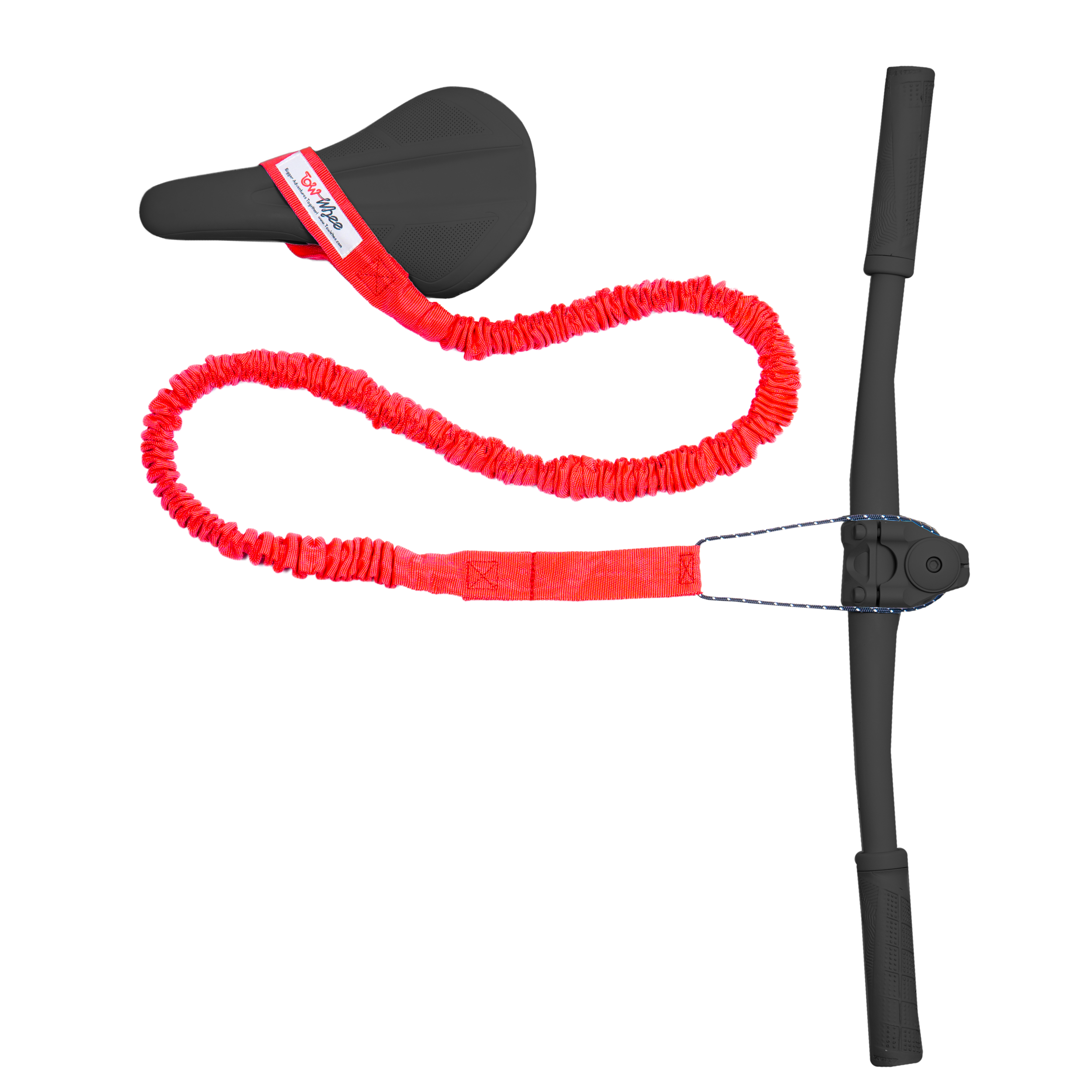 TowWhee CONNECT, rot, mit Halterung an schwarzem Fahrradsattel und Lenker.