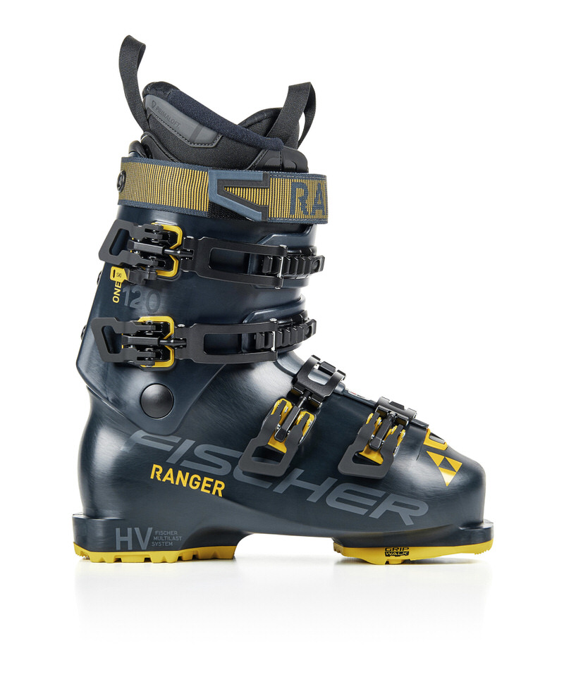 Dunkelblauer Skischuh Ranger Dunkelblauer Fischer Ranger ONE 120 VAC GW Skischuh mit gelben Akzenten, seitliche Ansicht.