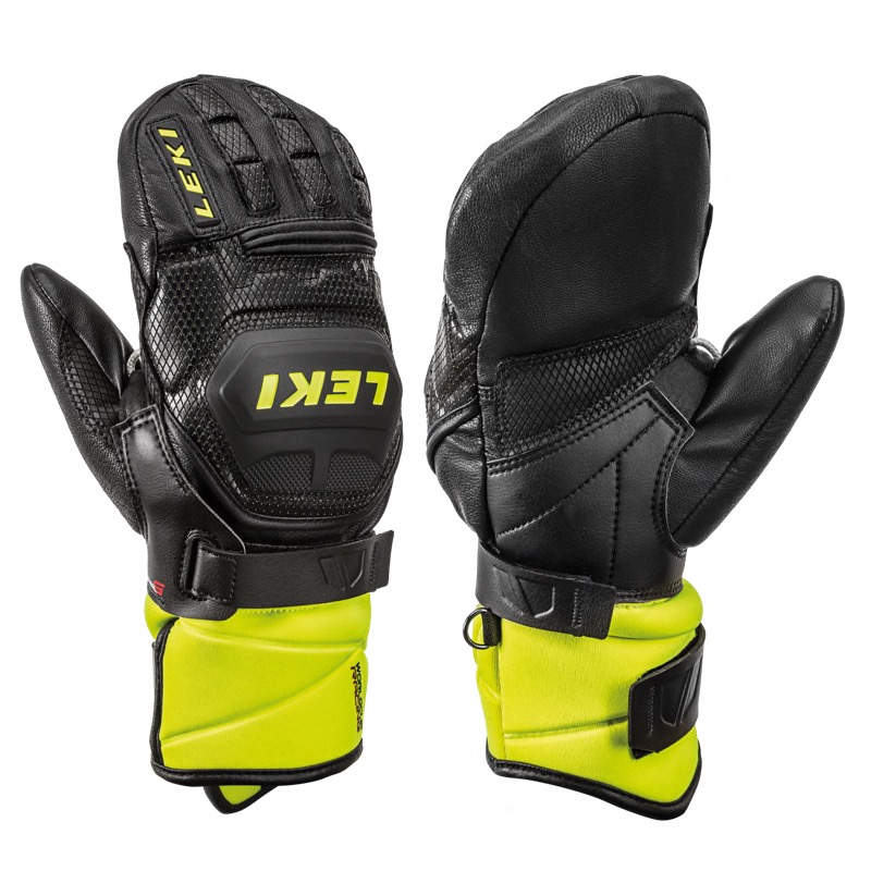 Zwei Leki Worldcup Race Flex S Junior Fäustlinge, schwarz/gelb, von vorn und von der Seite.