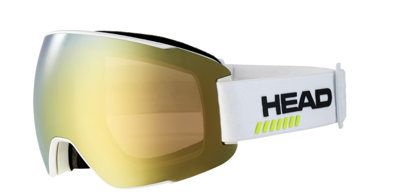 Weiße Head Sentinel 5K Skibrille mit goldener, verspiegelter Scheibe von der Seite.
