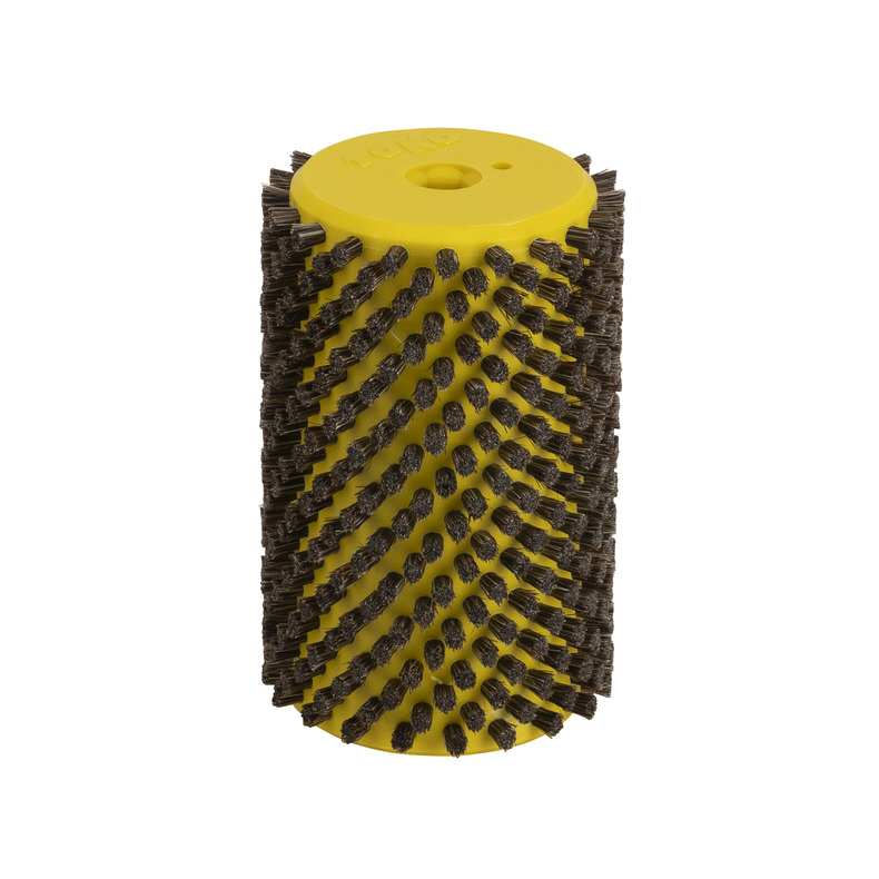Gelbe Rotary Brush mit Pferdehaarborsten. Die Borsten sind dicht angeordnet. Zylinderförmige Form.