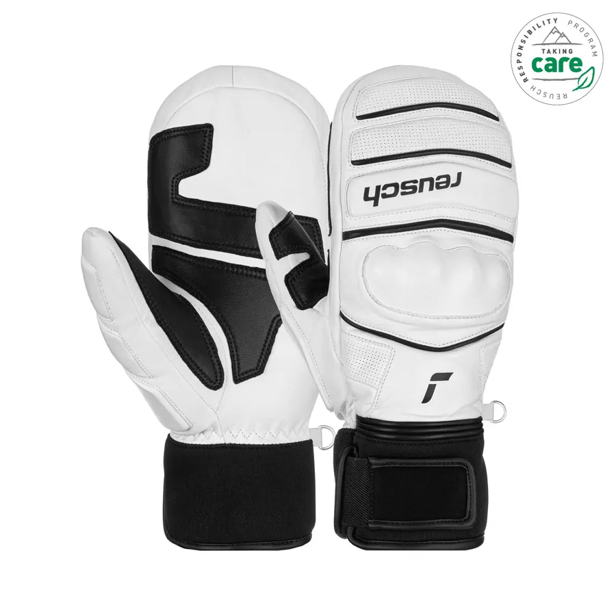 Guanti bianchi da campione del mondo Reusch con cinturino nero e accenti neri.