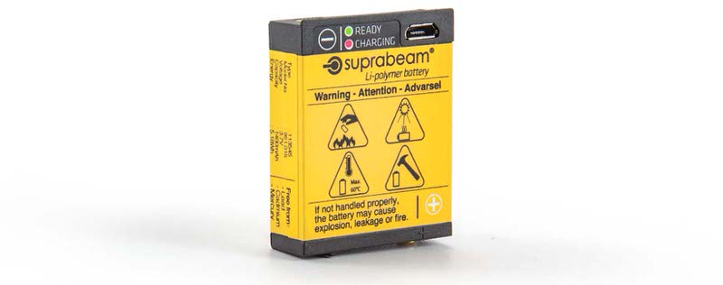 Yellow Suprabeam Li-Polymer battery for S-Series with warning symbols and USB connection.