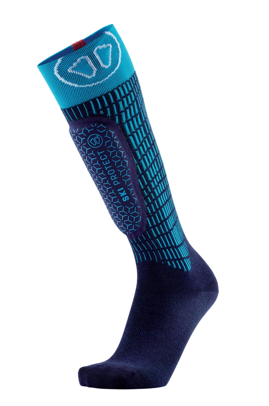 Sidas Kniehohe Skisocke Blaue Sidas Ski Protect Skisocke in Kniehöhe mit Schienbeinpolster und hellblauem Abschluss.