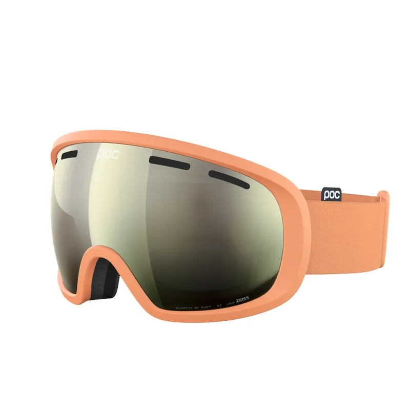 Skibrille in Pfirsichfarbe mit einer verspiegelten, getönten Linse und einem schwarzen Nasenschutz.