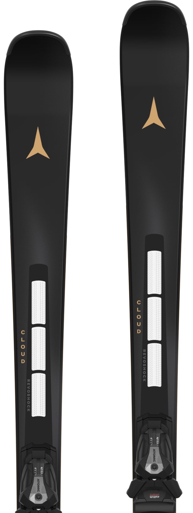 Zwei schwarze Atomic Cloud Ski stehen nebeneinander, mit goldfarbenem Logo und Bindungen, die Texturen und Designelemente zeigen.