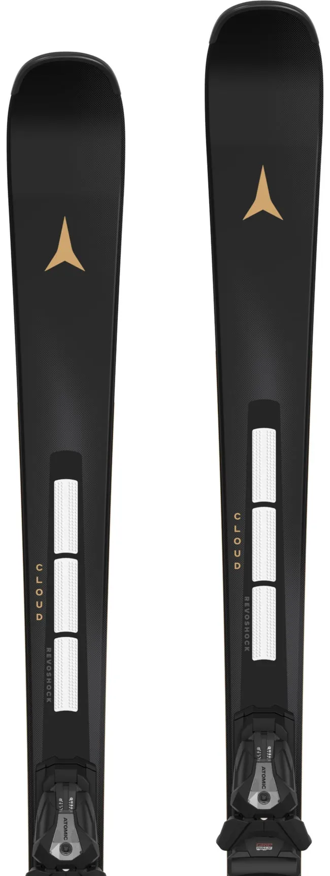Two black Atomic Cloud skis stand side by side, with gold-colored logo and bindings showing textures and design elements.