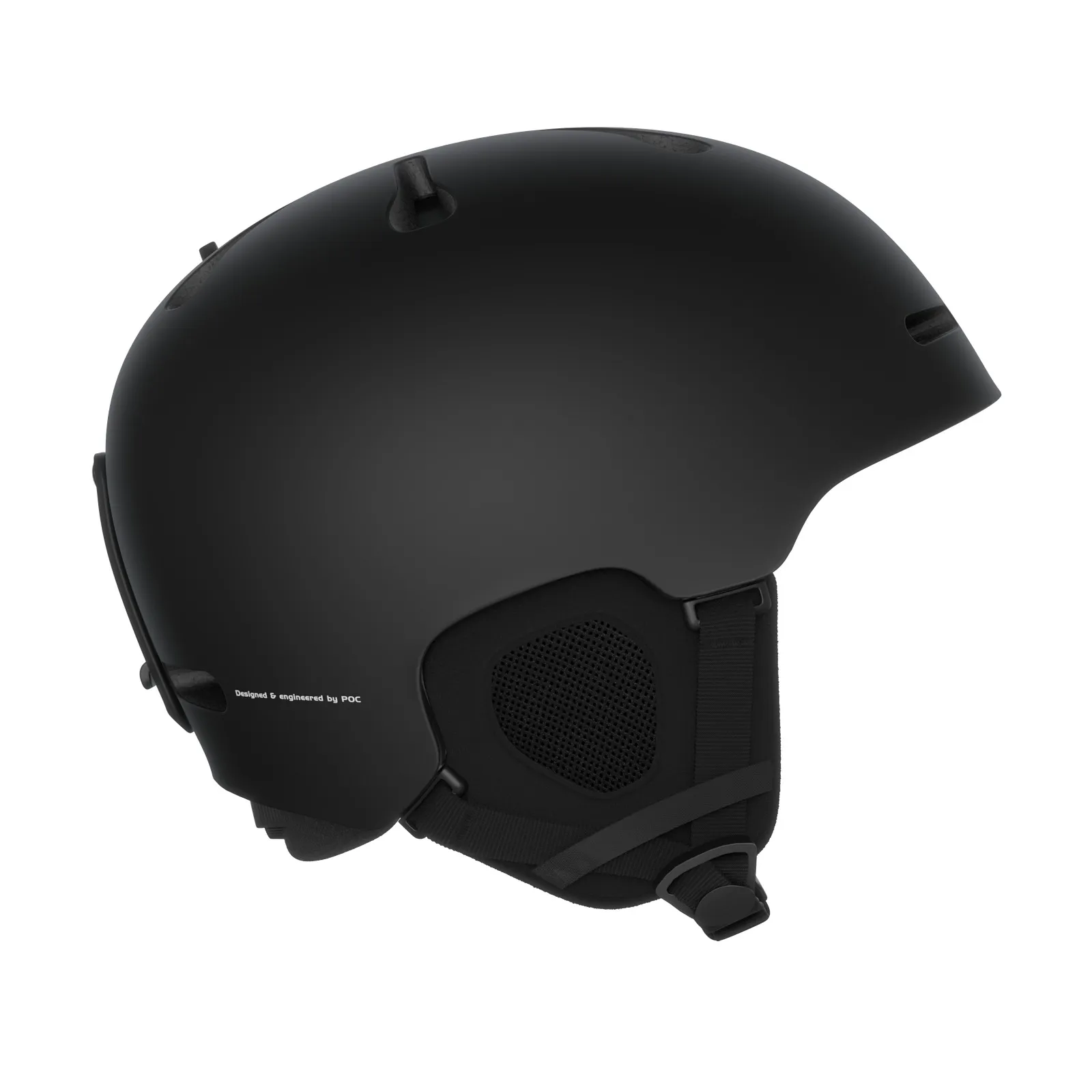 Black POC Fornix ski helmet in matt, side view. Chin strap and ear pads are recognizable.