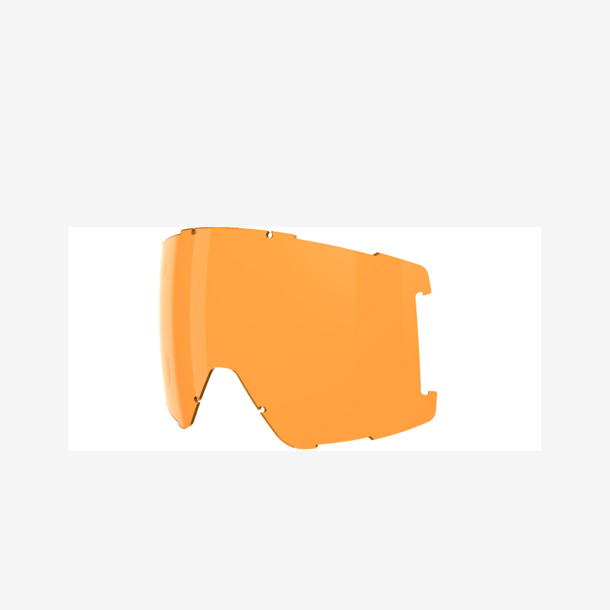 Orangefarbene, torische Ersatzscheibe für eine Skibrille, freigestellt auf weißem Hintergrund.