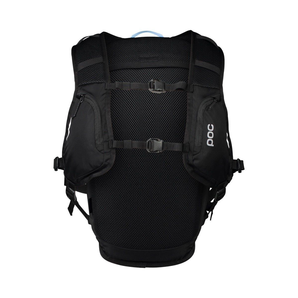 Schwarzer VPD Rucksack 13L Schwarzer Column VPD Backpack 13L von hinten mit Mesh-Rücken, Gurten und poc Logo. Zwei Taschen an den Seiten und reflektierende Details.