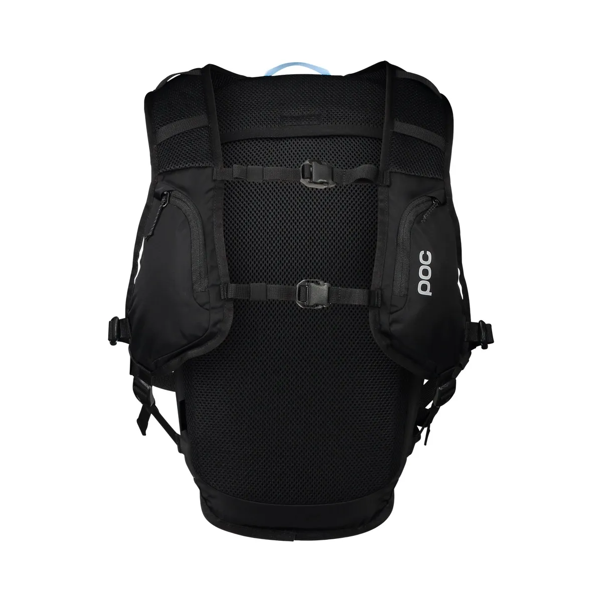Schwarzer Column VPD Backpack 13L von hinten mit Mesh-Rücken, Gurten und poc Logo. Zwei Taschen an den Seiten und reflektierende Details.