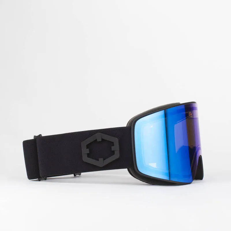 Occhiali da sci Black Out Of Electra con lenti a specchio blu su sfondo bianco.