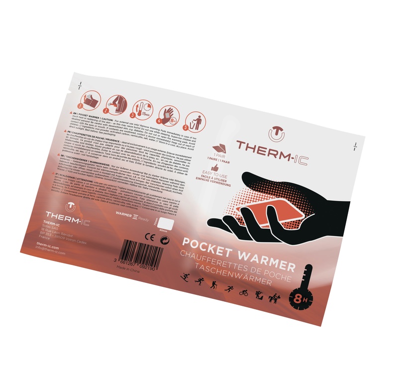 Verpackung der Therm-ic Pocket Warmer mit Hand, die ein rotes Heizkissen hält und Icons für Sportarten.