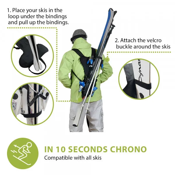 Man carries skis with ski back like a rucksack. Detailed photos show fastening steps.