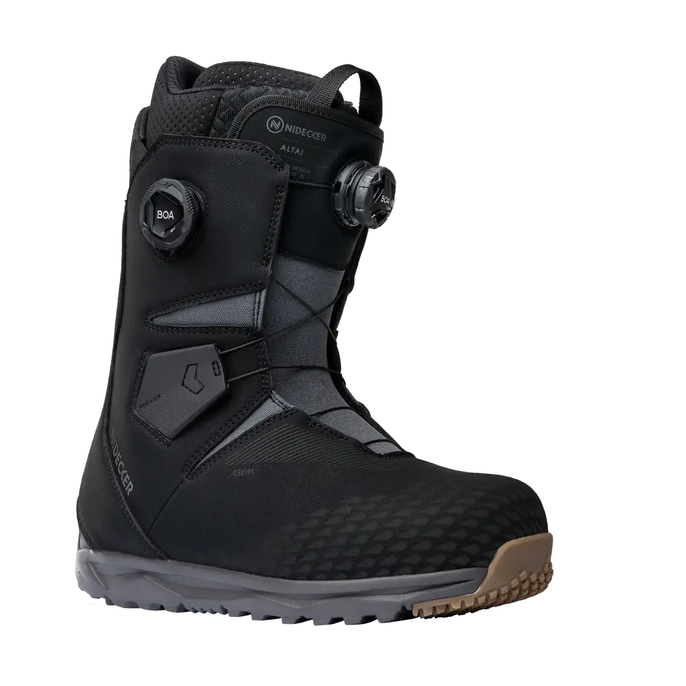A black snowboard boot with twist lock and gray lining, Nidecker logo on the side, isolated against a white background.