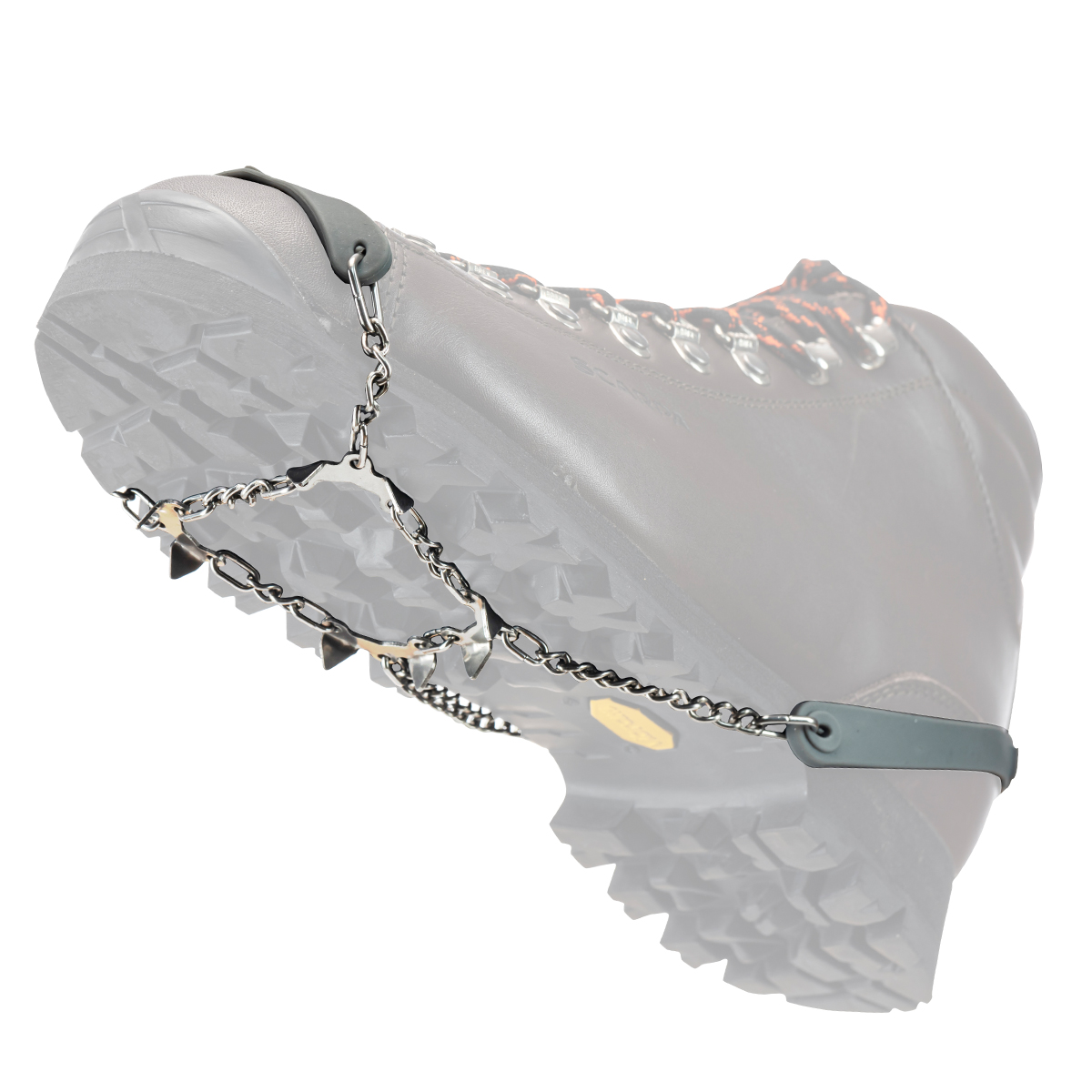 Schuh mit montierten Nortec Easy Schuhkrallen mit Stahlspitzen und Quick Fit Befestigungssystem.