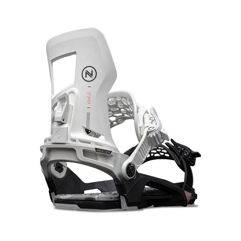 Weiße Nidecker Kaon-W Snowboardbindung, seitliche Ansicht, Detailaufnahme der Struktur und des Logos.