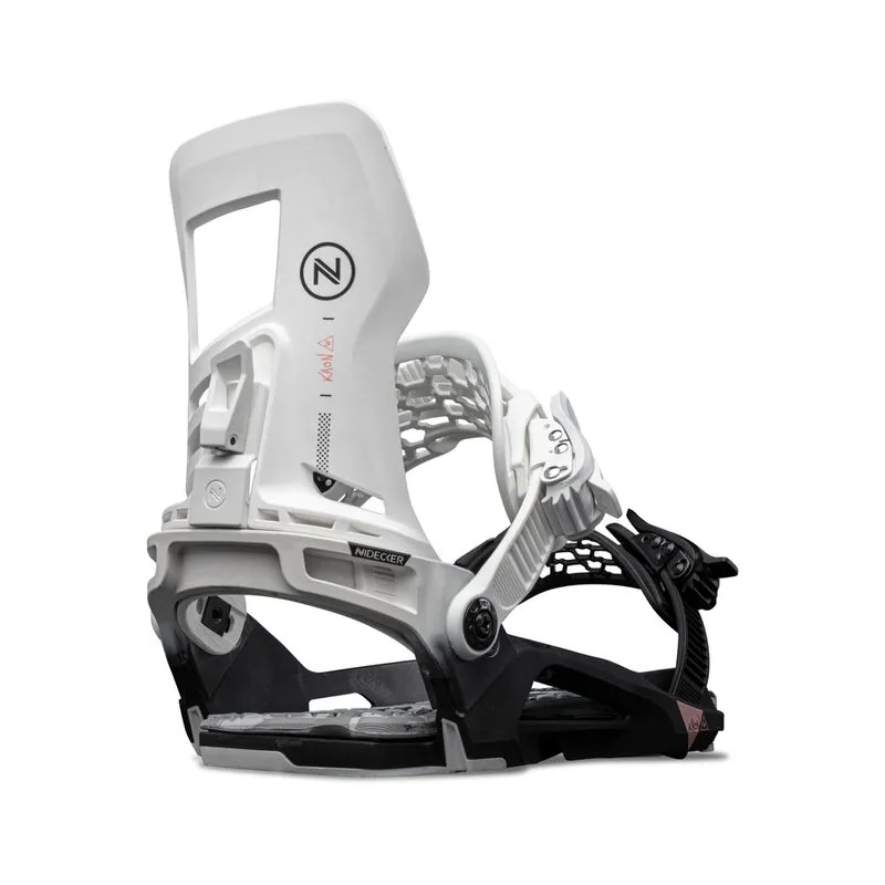 Weiße Nidecker Kaon-W Snowboardbindung, seitliche Ansicht, Detailaufnahme der Struktur und des Logos.