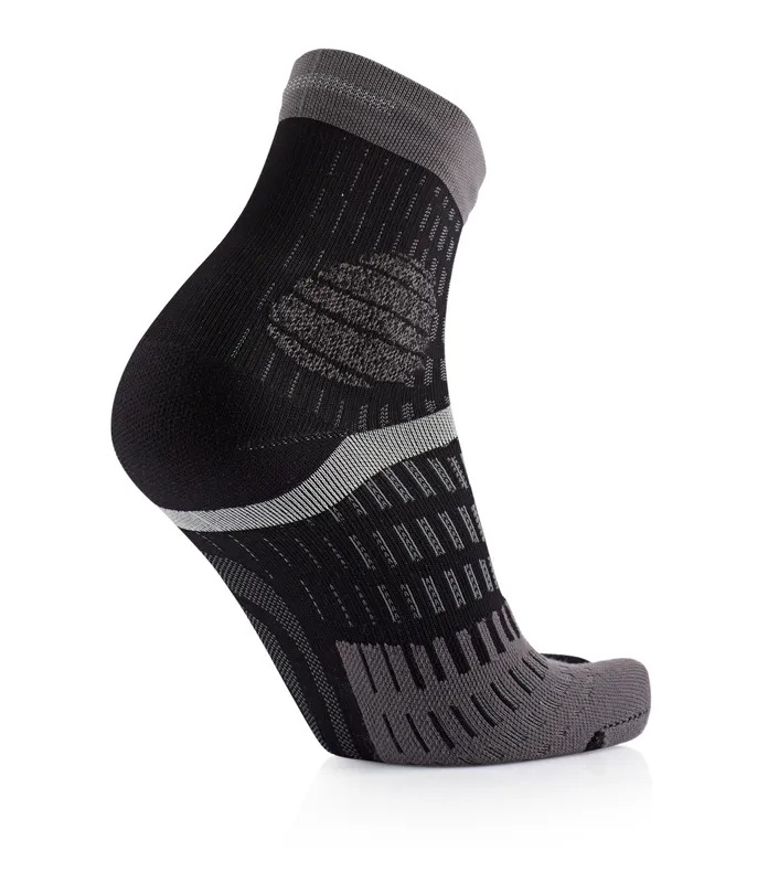 Close-up of a black and gray sports sock on a white background. The heel is black, the rest is patterned.