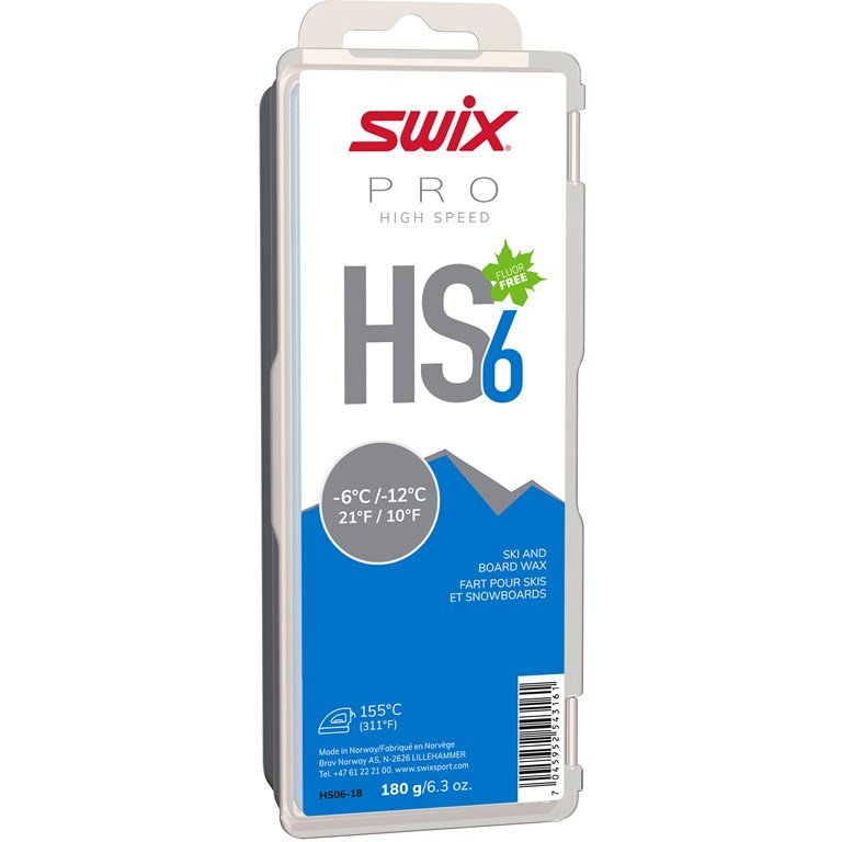 Verpackung von Swix HS6 Blue Skiwachs. Informationen zu Temperatur, Gewicht und Fluorfreiheit sind sichtbar.