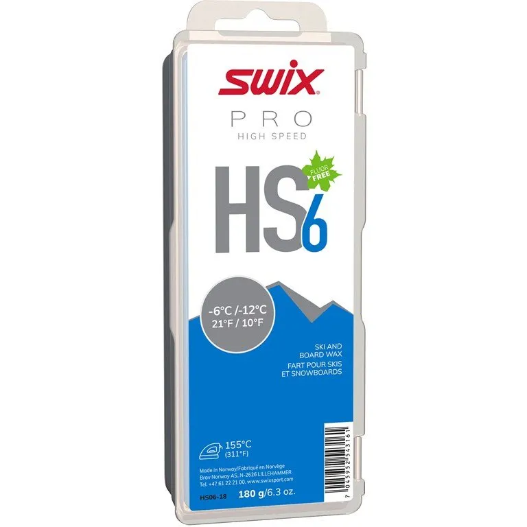 Verpackung von Swix HS6 Blue Skiwachs. Informationen zu Temperatur, Gewicht und Fluorfreiheit sind sichtbar.