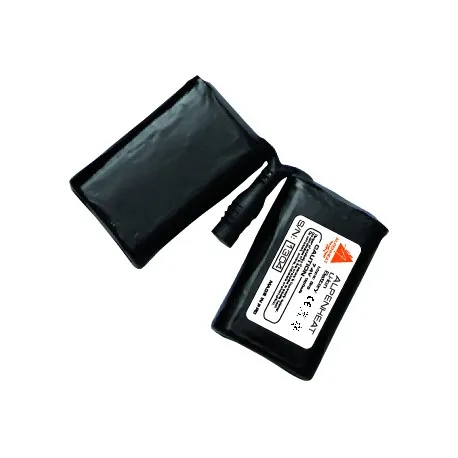 Batteria nera Alpenheat ai polimeri di litio per guanti riscaldabili con cavo ed etichetta.