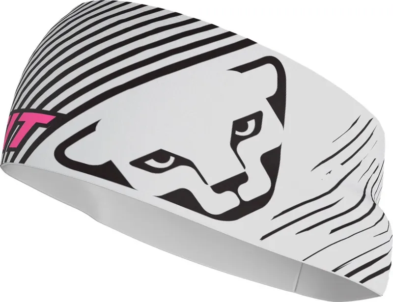 Fascia Dynafit Graphic Performance bianca con strisce nere e logo big cat.