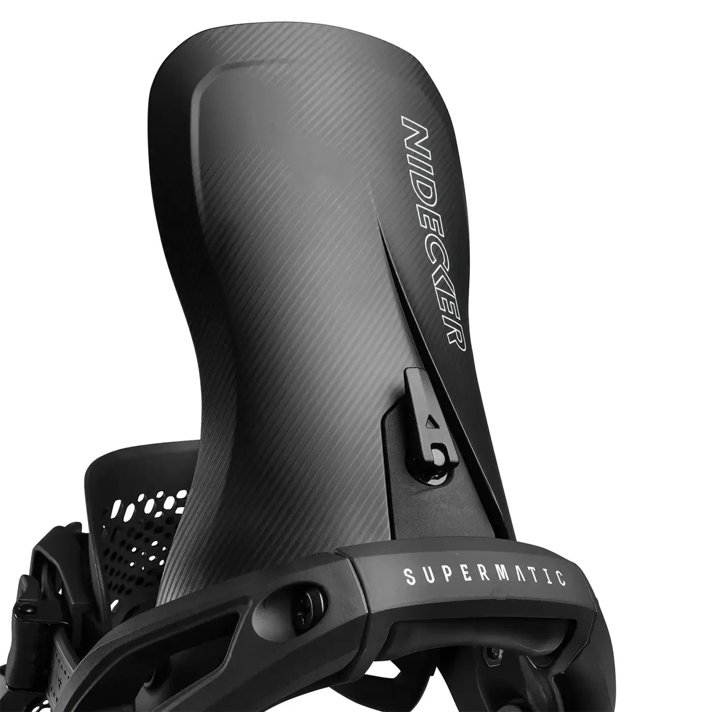 Detailed view of a black Nidecker Supermatic snowboard binding against a white background.