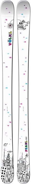 Weisse Völkl Pearl Junior Ski mit bunten Akzenten und schwarzer Grafik.