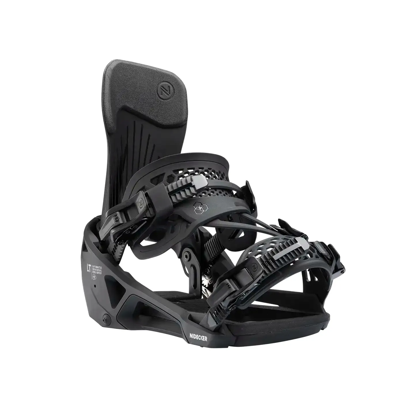Attacco da snowboard nero di Nidecker, con schienale alto e cinghie regolabili, su sfondo bianco.