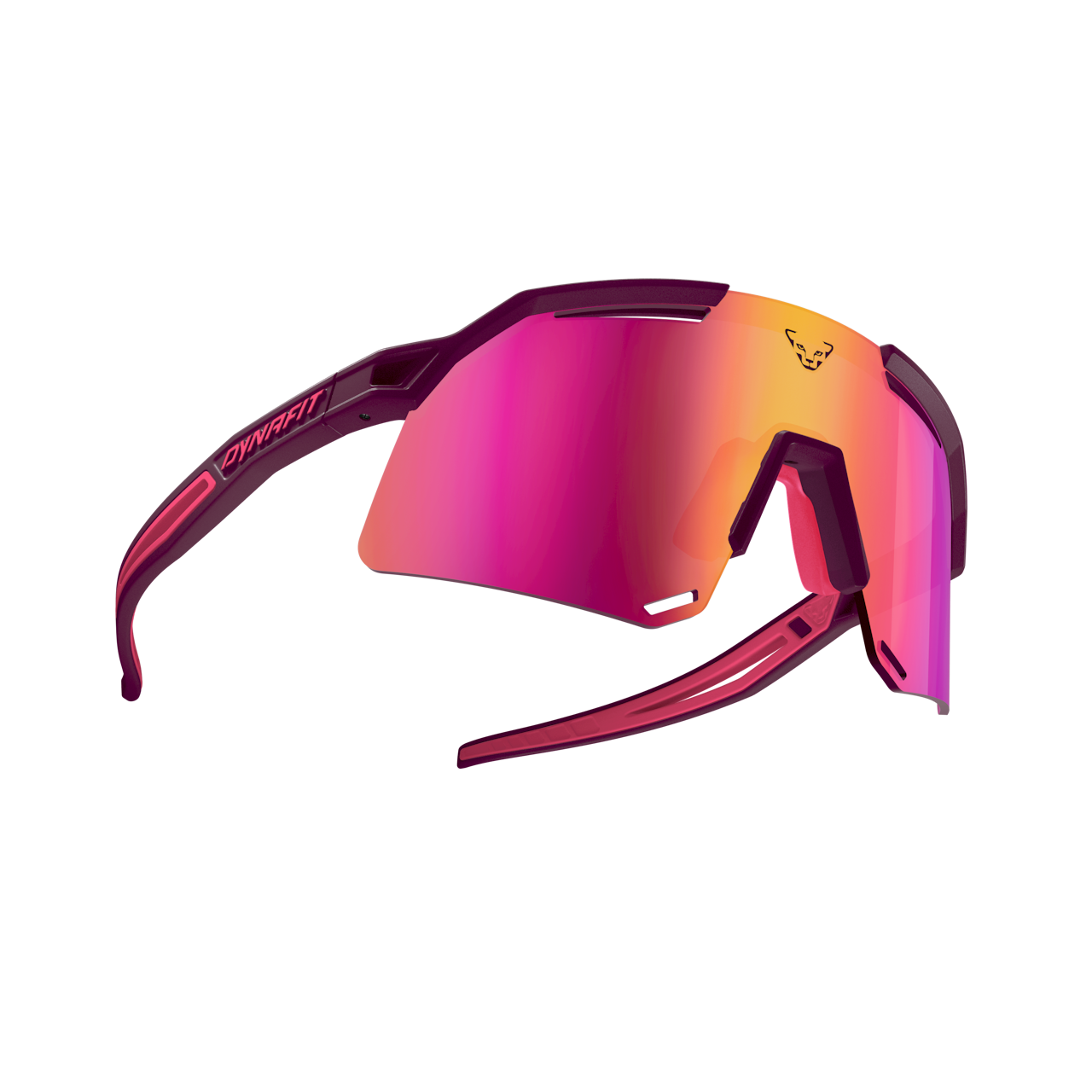 Lunettes de sport de couleur bordeaux Dynafit  Lunettes de sport Dynafit Ultra Evo de couleur bordeaux avec des verres rouge-orange et le logo Dynafit sur le verre.