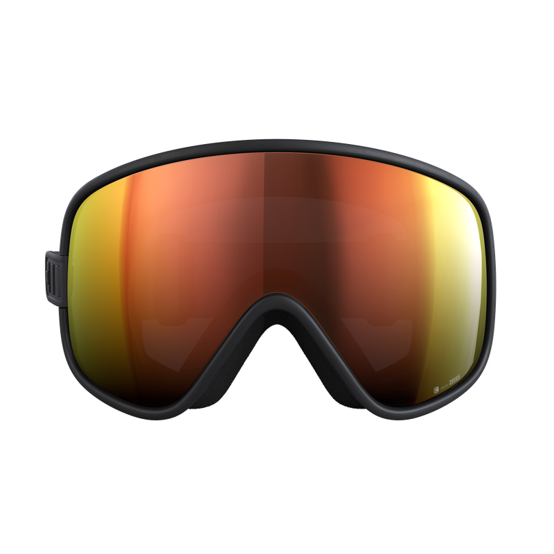 Schwarze Skibrille mit verspiegelten orange-gelben Gläsern, die sich über die gesamte Front erstrecken.