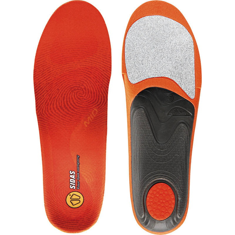 Semelle d'hiver orange Sidas, face supérieure avec motif, face inférieure avec support noir et surface grise.