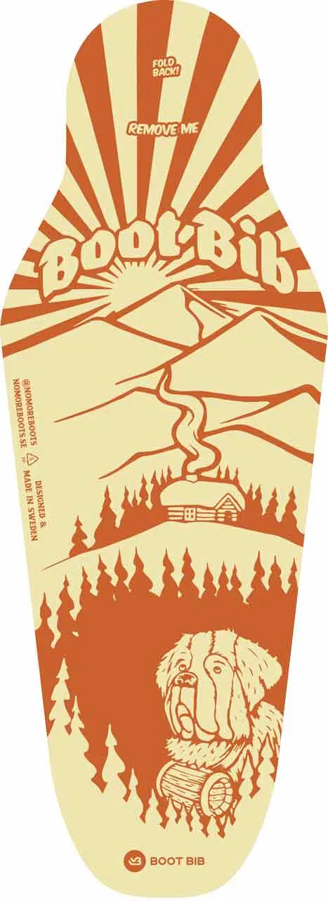 Grafik eines orange-beigen Boot Bib für Hunde, mit Berglandschaft, Hütte und Hundemotiv. Text: Boot Bib.