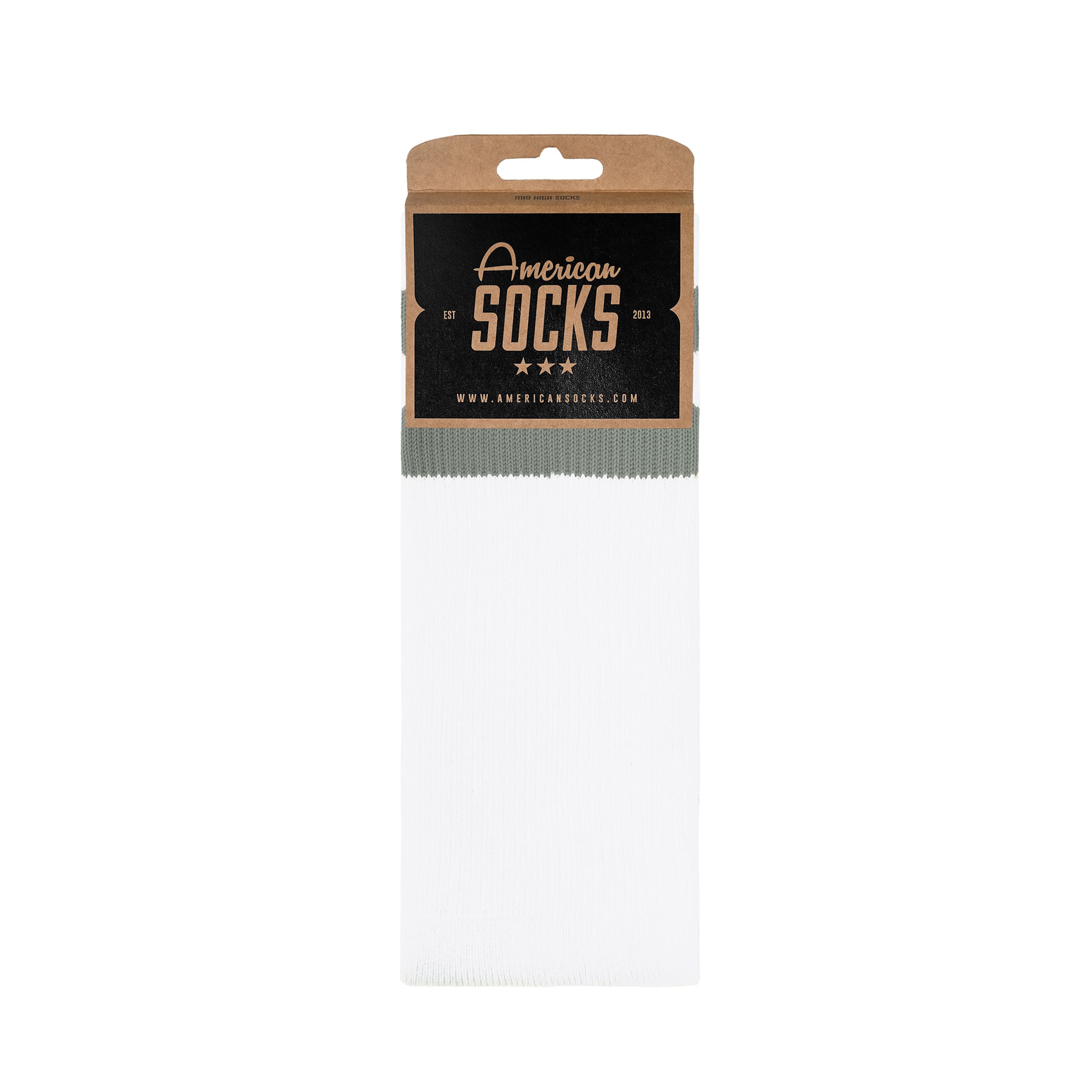 Weisse Mid High Socken Verpackte, weiße Mid High Socken der Marke American Socks mit grauem Bund vor weißem Hintergrund.