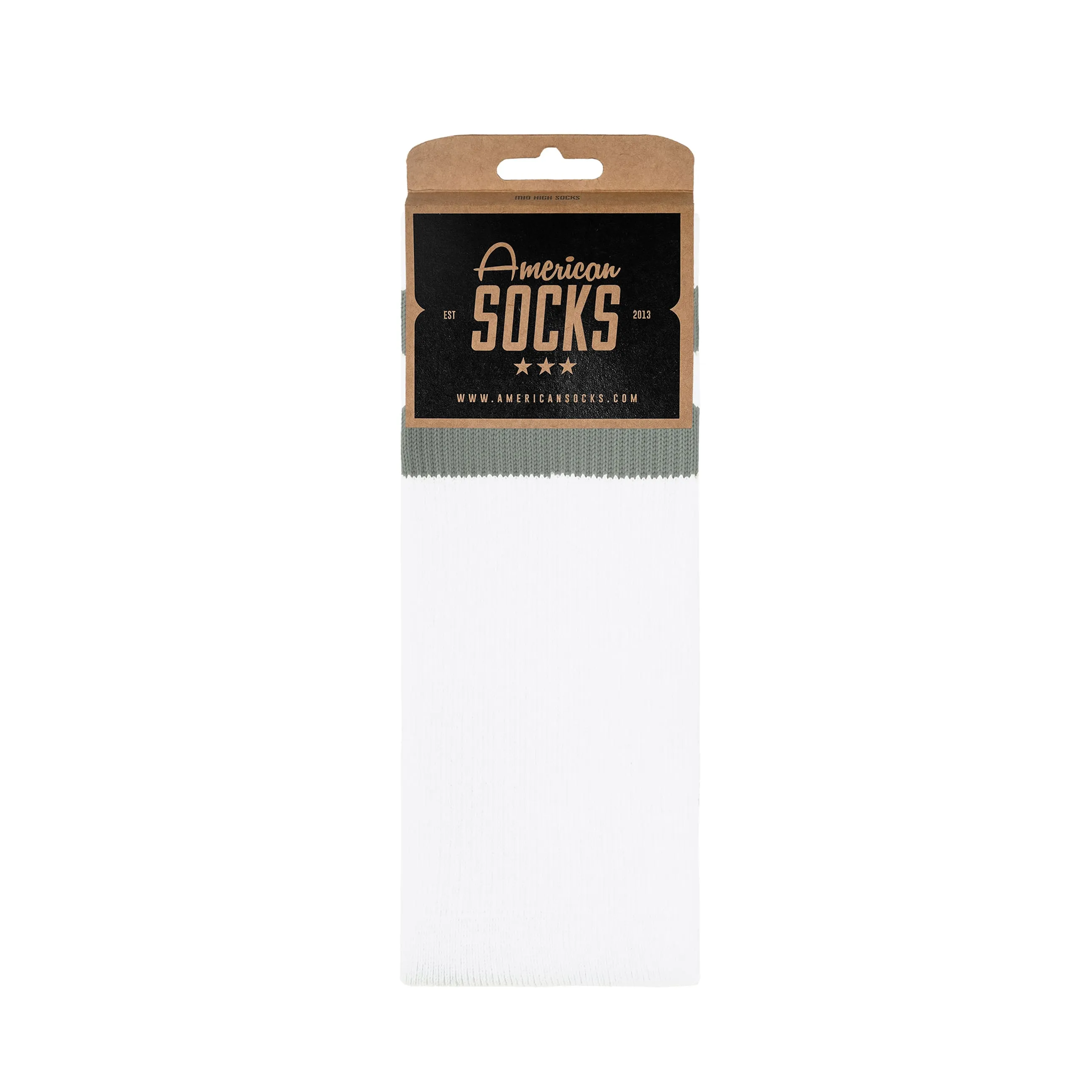 Verpackte, weiße Mid High Socken der Marke American Socks mit grauem Bund vor weißem Hintergrund.