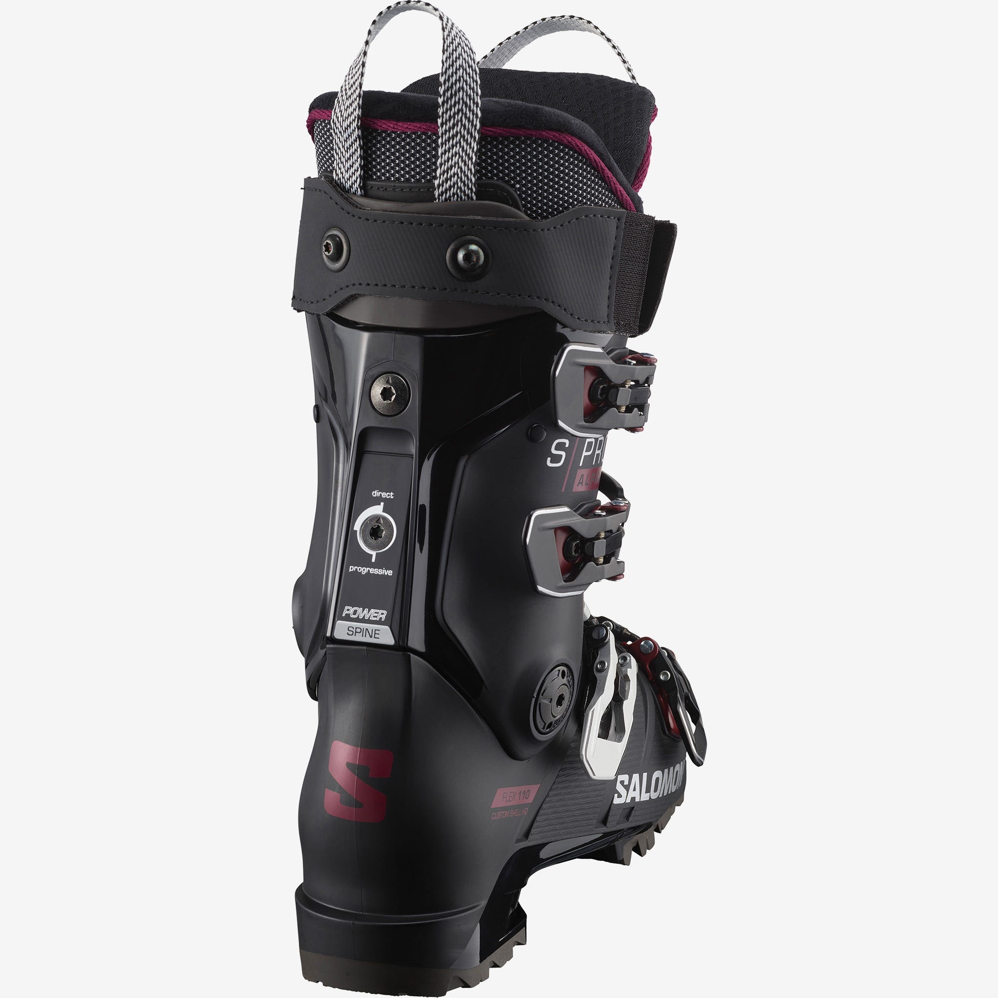 Schwarzer Salomon S/PRO ALPHA 110 W Skischuh von hinten, mit Schnallen und rotem Logo.