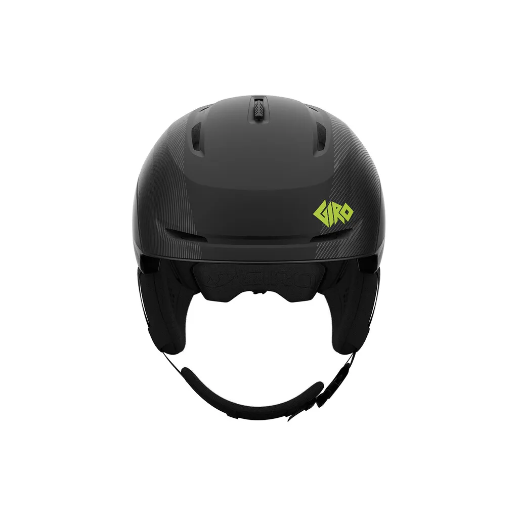 Mattschwarzer Skihelm, Frontansicht, mit Belüftungsöffnungen und grünem Giro-Logo.